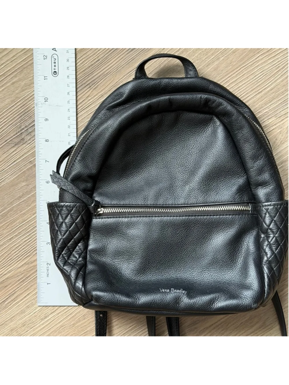 Vera Bradley Black Genuine Leather Mini Backpack Quilted Side Pockets